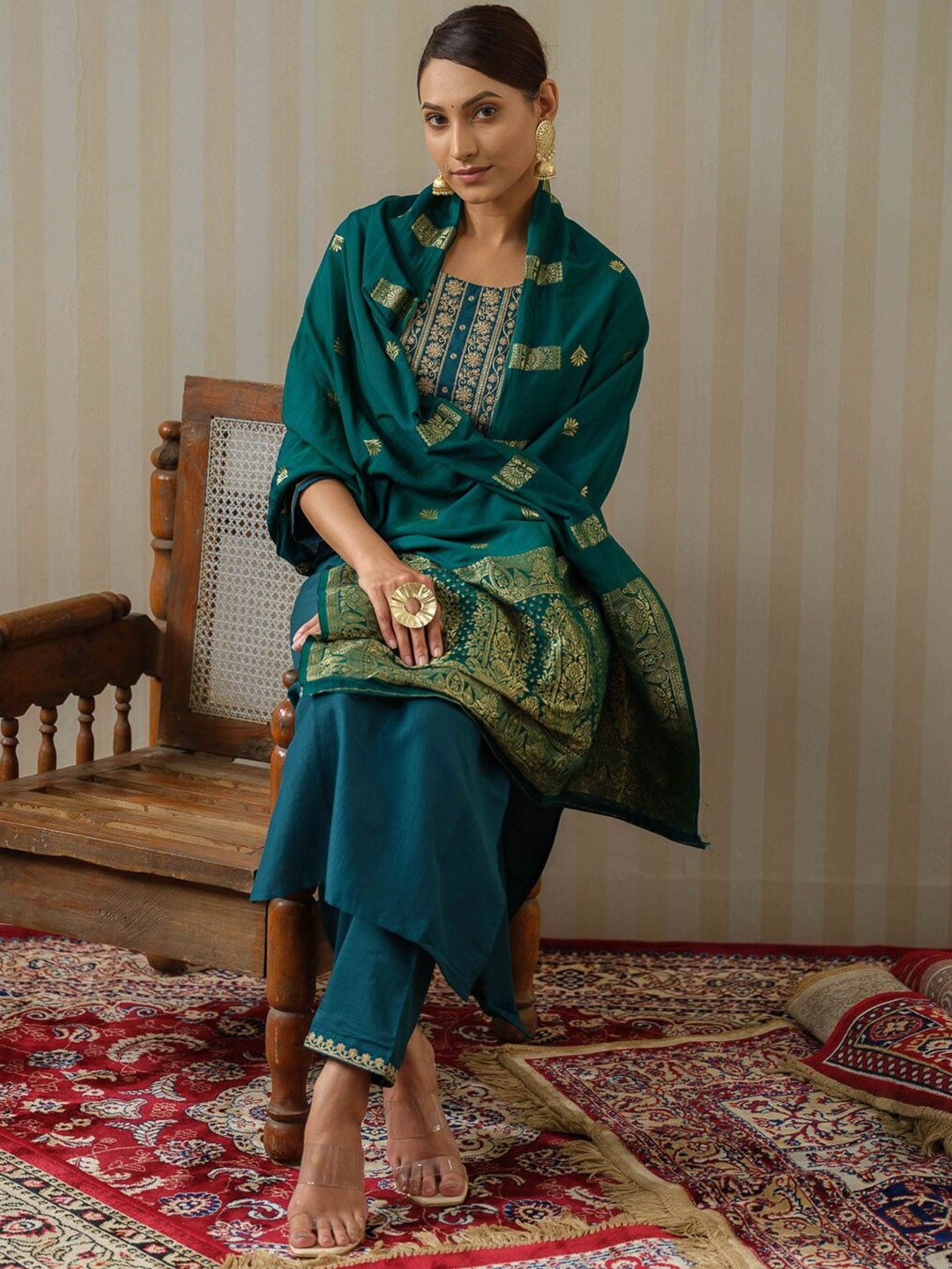 Dhiyona OD Blue Ethnic Motifs Straight Kurta & Trousers With Dupatta