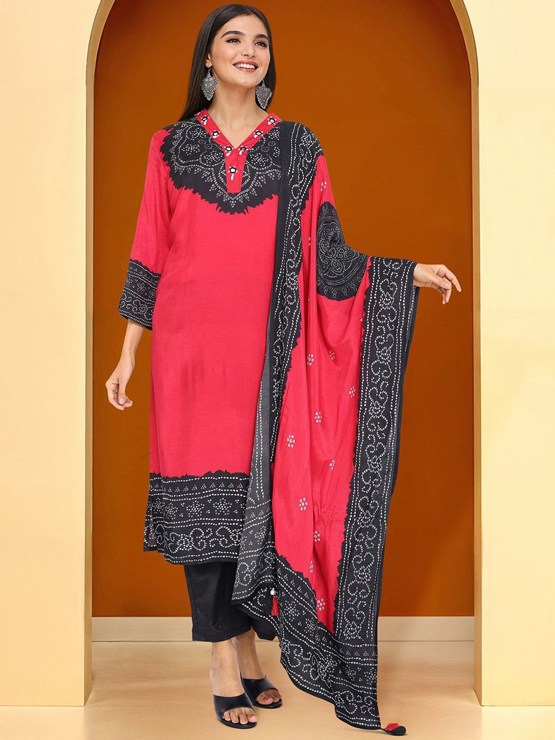 Dhiyona IS Women's Bhandani Printed V-Neck Straight Kurta With Trousers And Dupatta