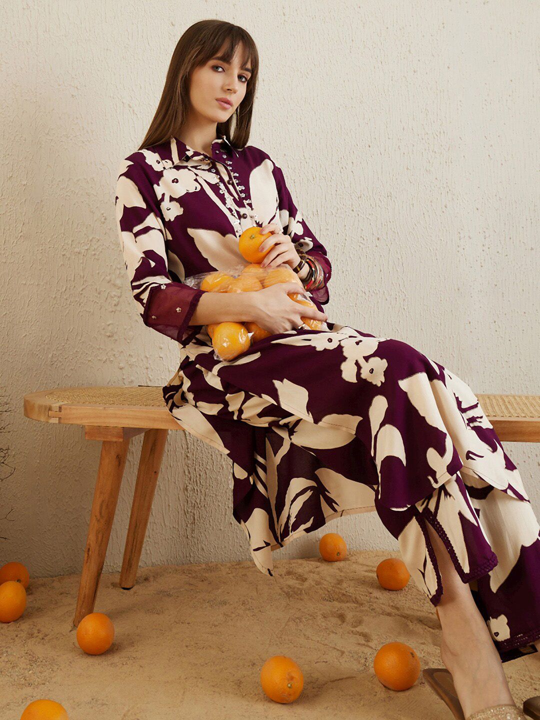 Dhiyona IE Shirt Collar Floral Printed Straight Kurta with Trouser