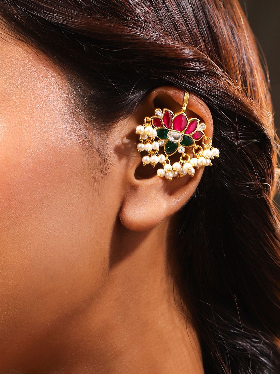 Dhiyona RJ Women's 22K Gold-Plated Ruby, Emerald & White Kundan Lotus Design Ear Cuff