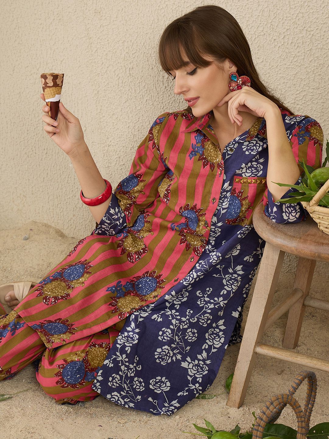 Dhiyona IE Floral Screen Printed Shirt Collar Pure Cotton Straight Kurta With Trousers