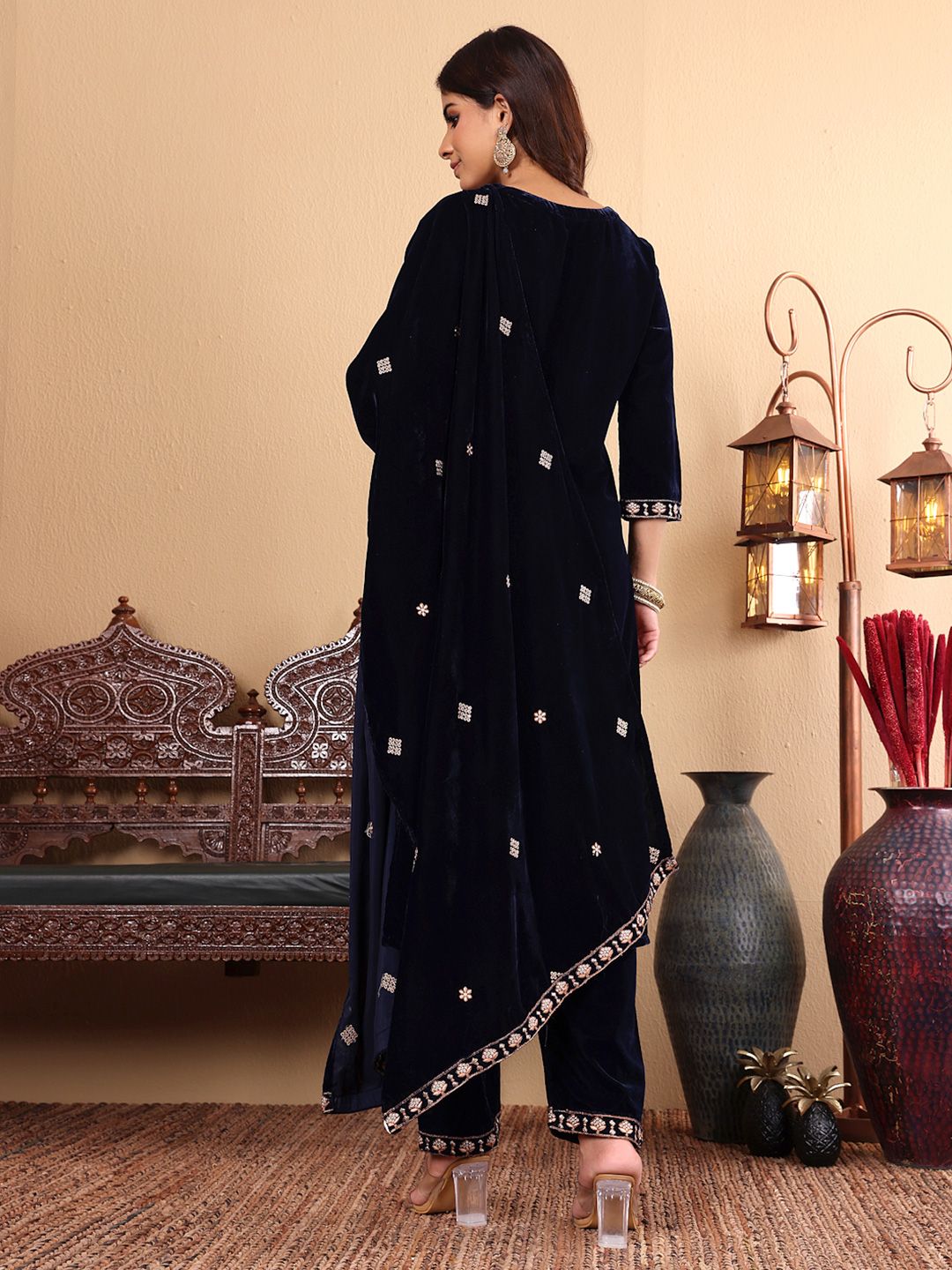 Dhiyona VA Women'sEthnic Motifs Embroidered Zari Velvet Kurta With Trousers And Dupatta
