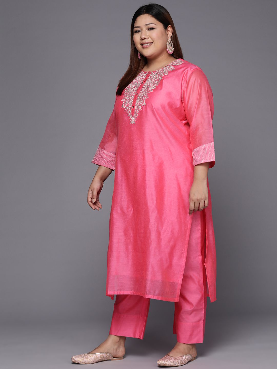 Dhiyona VA Women's Floral Yoke Design Sequinned Chanderi Silk Kurta with Trousers & Dupatta