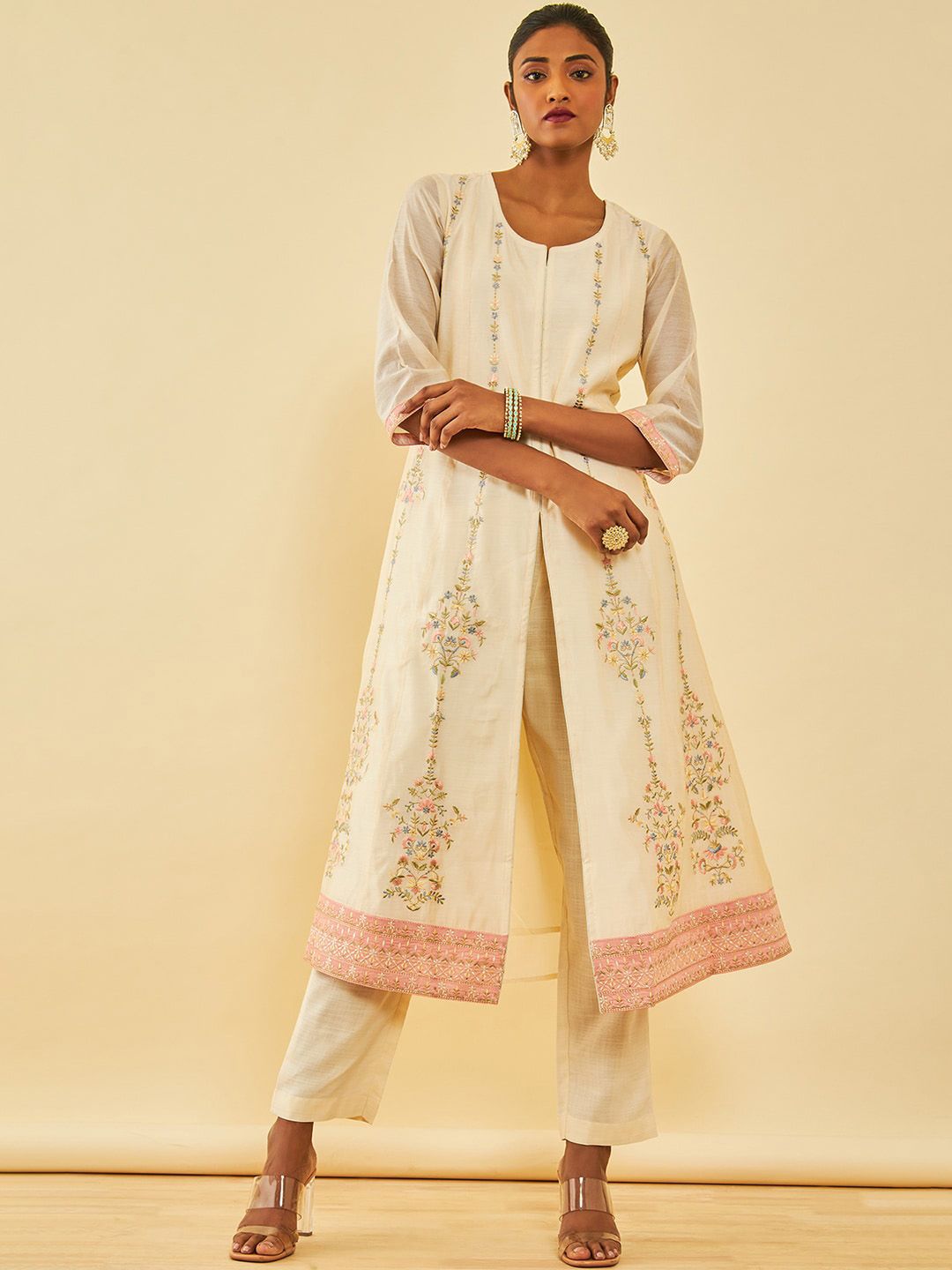 Dhiyona SO Women's Alina Cut Cream Ethnic Motifs Embroidered Thread Work A-Line Kurta With Trousers & Dupatta