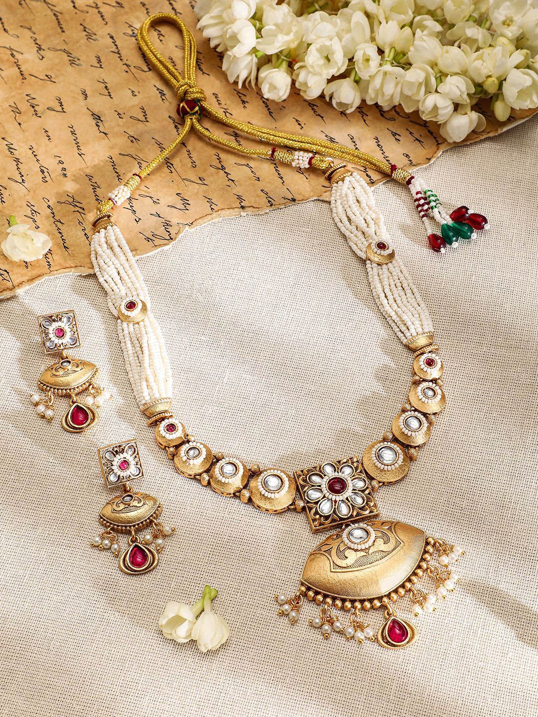 Dhiyona RJ Women's 22K Gold-Plated Ruby, Kundan & Multi-Strand Pearl Bead Detailing Necklace Set