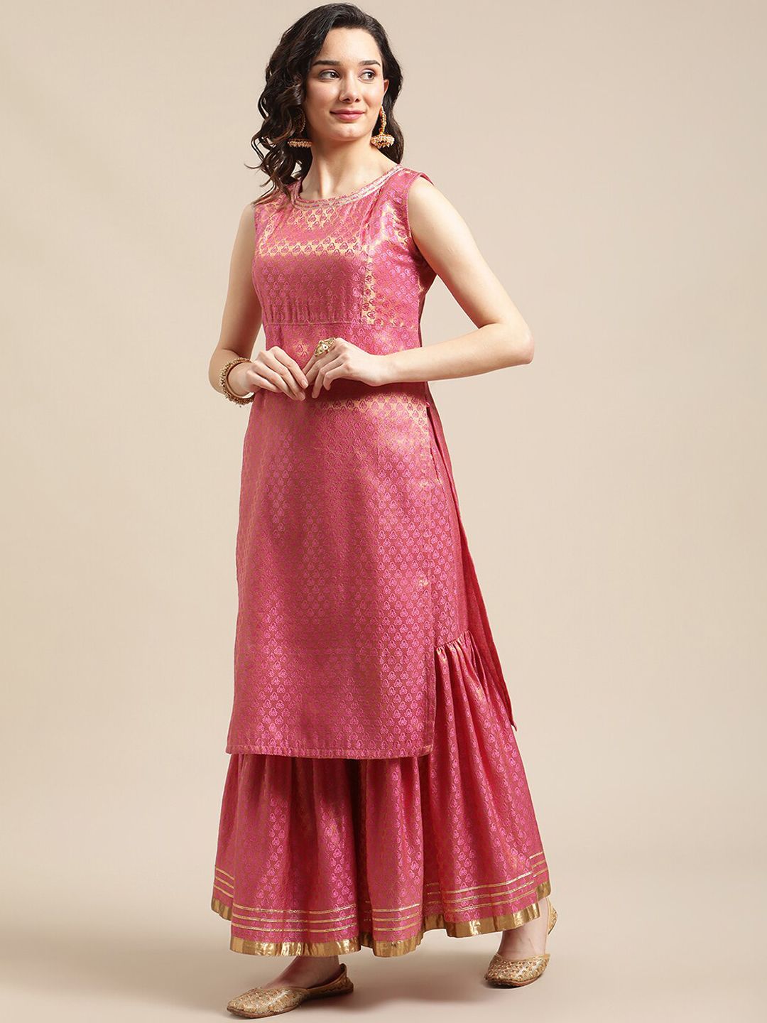 Dhiyona VA Women'sPink & Gold-Colored Brocade Sleeveless Kurta Sharara With Sequins Ruffle Dupatta