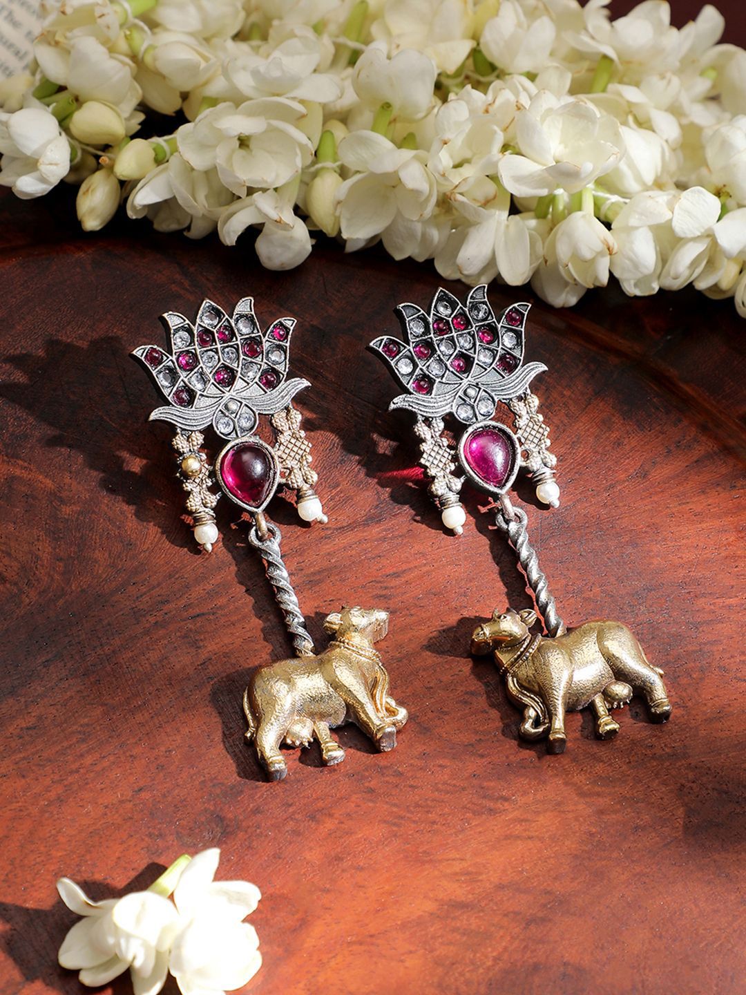 Dhiyona RJ Women's Dual-Tone Oxidised Lotus Motif Drop Earrings with Pink Stone and Gold Cow Charm