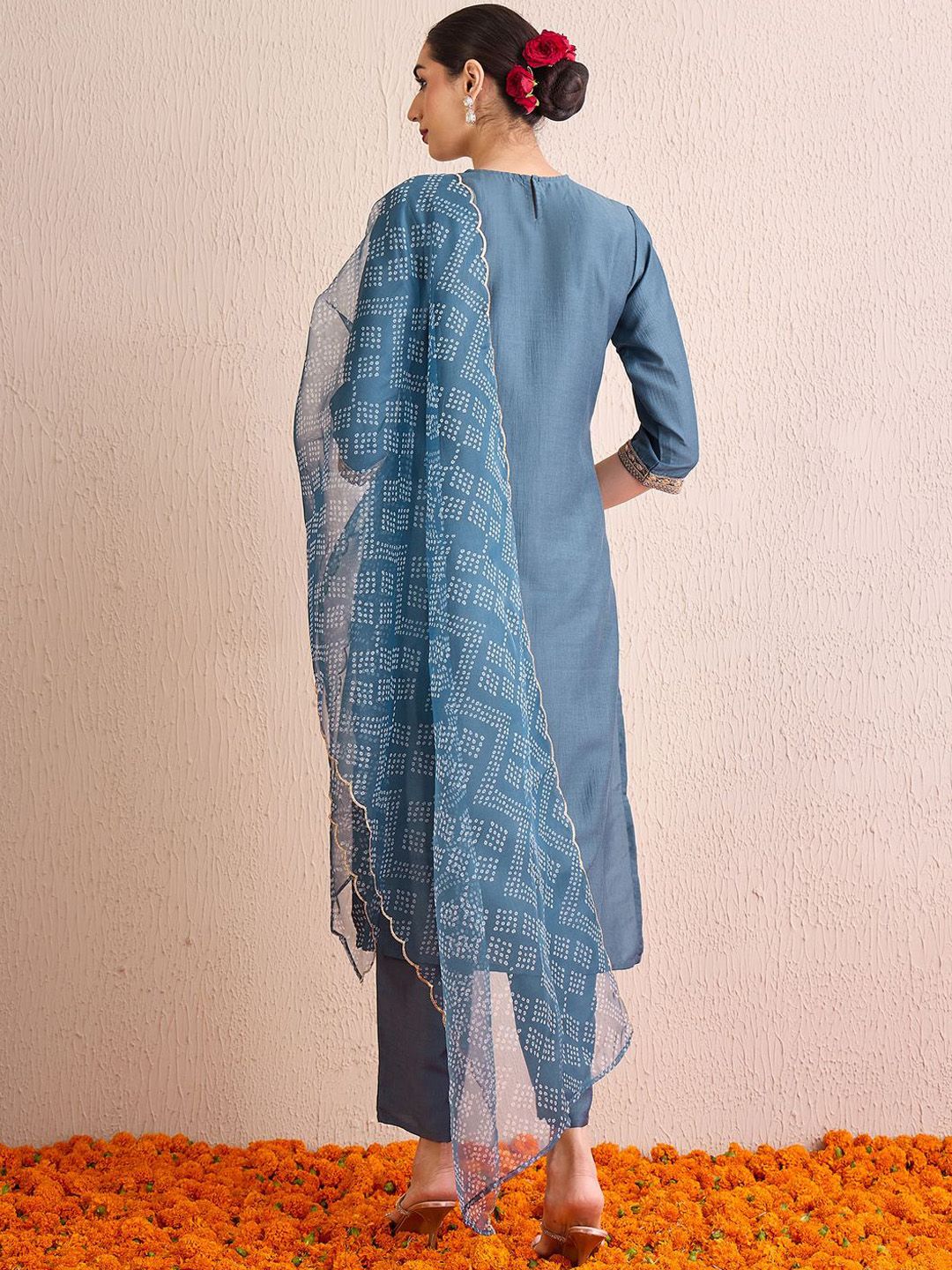 Women Bandhani Embroidered Regular Gotta Patti Kurta with Trousers & With Dupatta