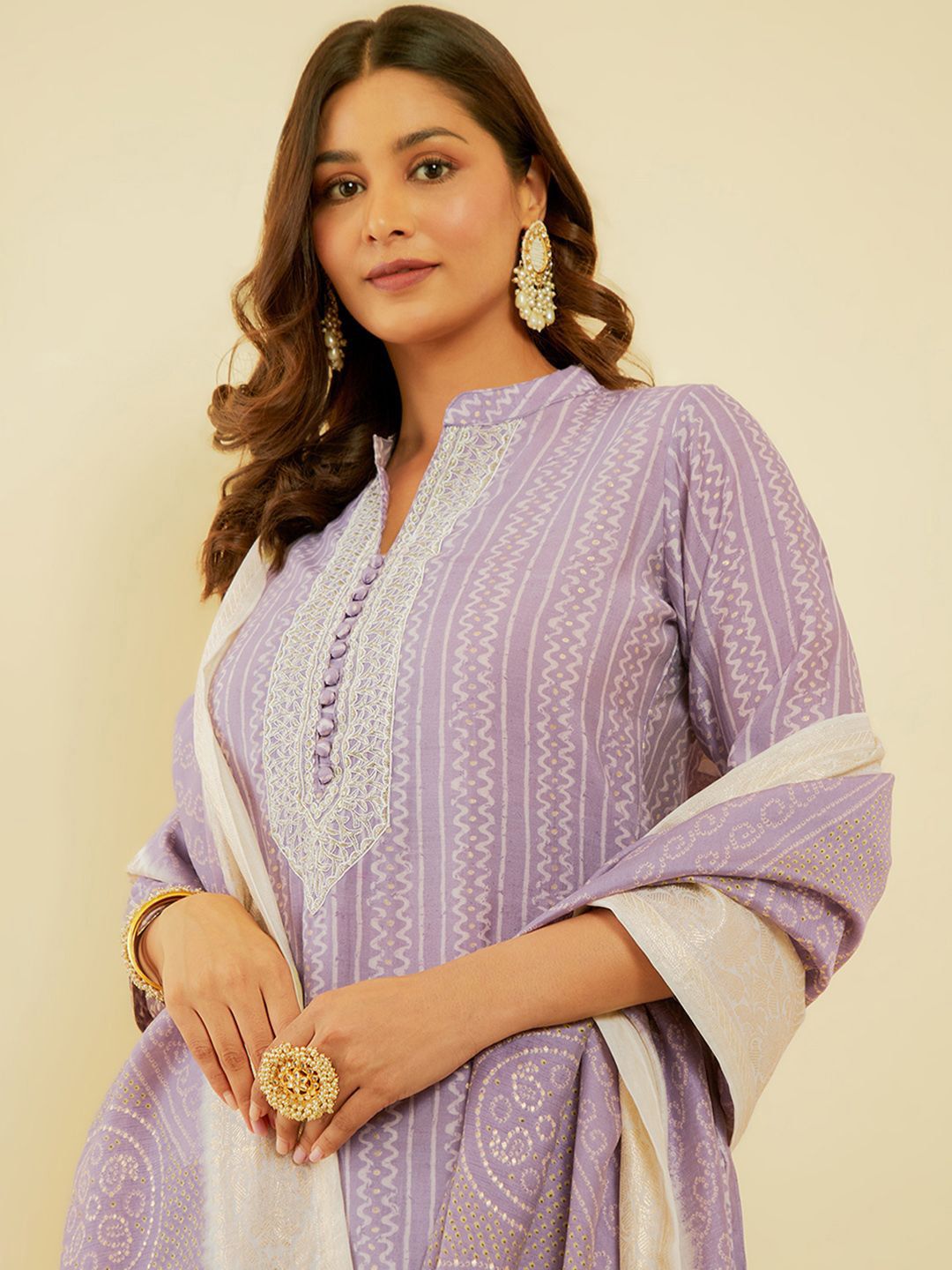 Dhiyona SO Women's Women Ethnic Motifs Printed Regular Thread Work Kurta with Trousers & With Dupatta