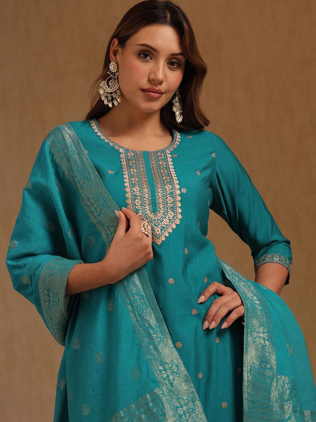 Dhiyona SO Women's Ethnic Motifs Embroidered Round Neck Straight Kurta With Palazzo & Dupatta