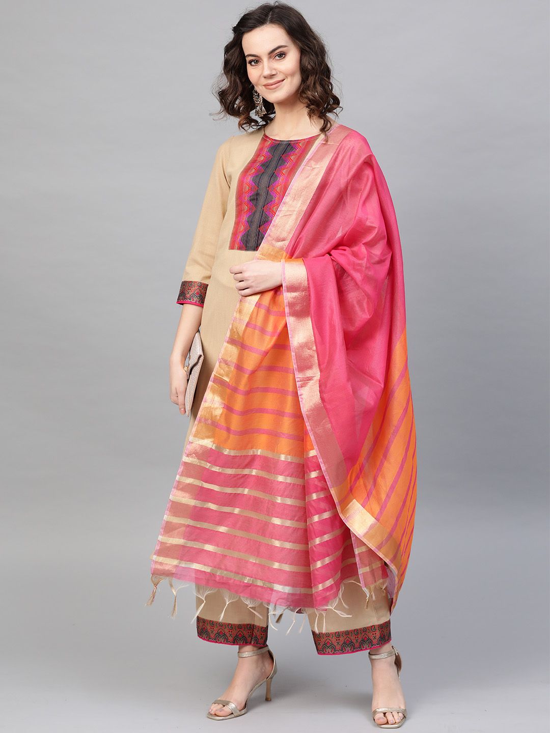 Women Beige & Pink Yoke Design Kurta with Palazzos & Dupatta