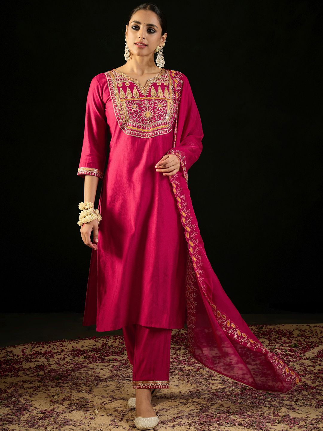 Dhiyona IE Notched Neck Ethnic Embroidered Sequinned Liva Kurta with Trouser & Dupatta