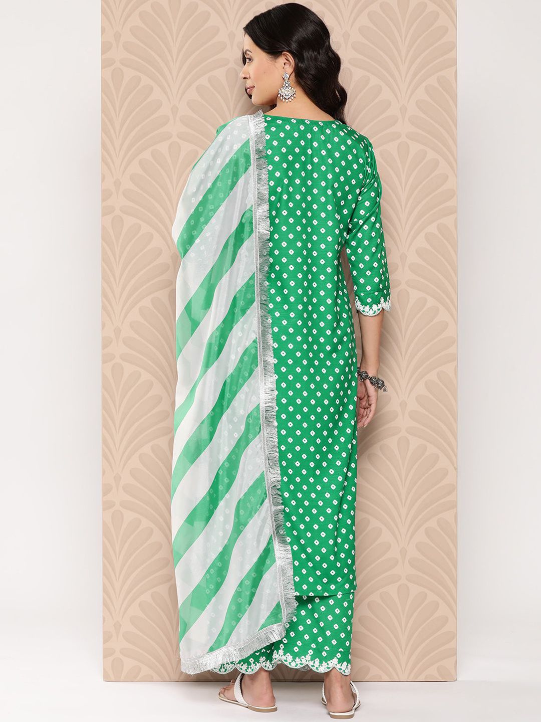 Dhiyona VA Women'sBandhani Printed Lace Detailed Straight Kurta with Trousers and Dupatta