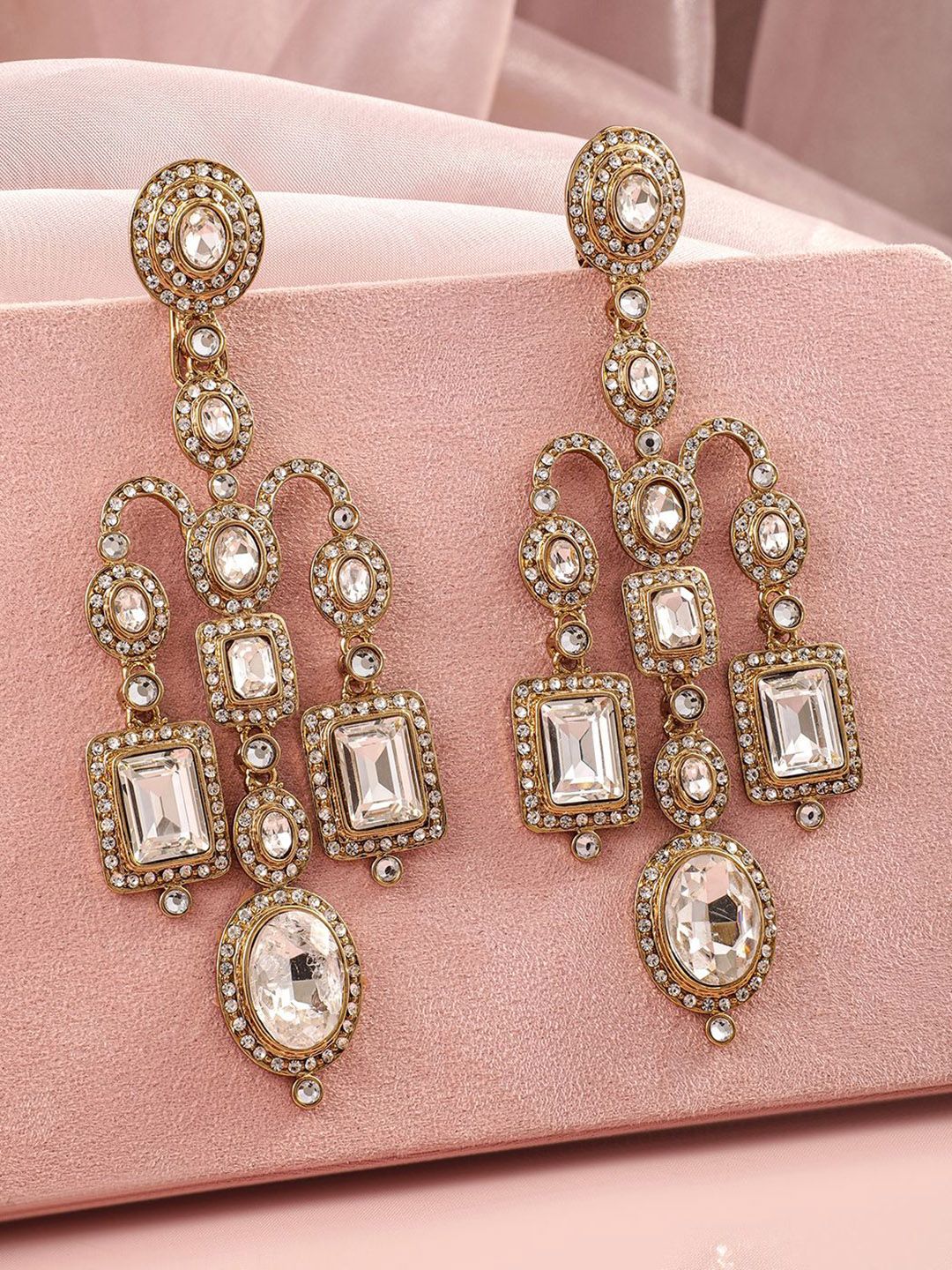 Dhiyona RJ Women's 22K Mehandi Gold-Plated Crystal White Cubic Zirconia Studded Chandelier Earrings