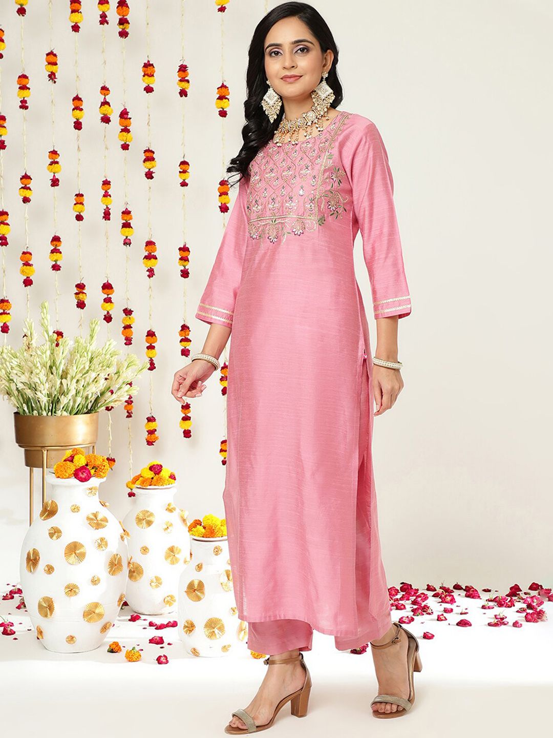 Dhiyona VA Women'sZari And Thread Work Embroidered Yoke Silk Kurta & Trousers With Dupatta