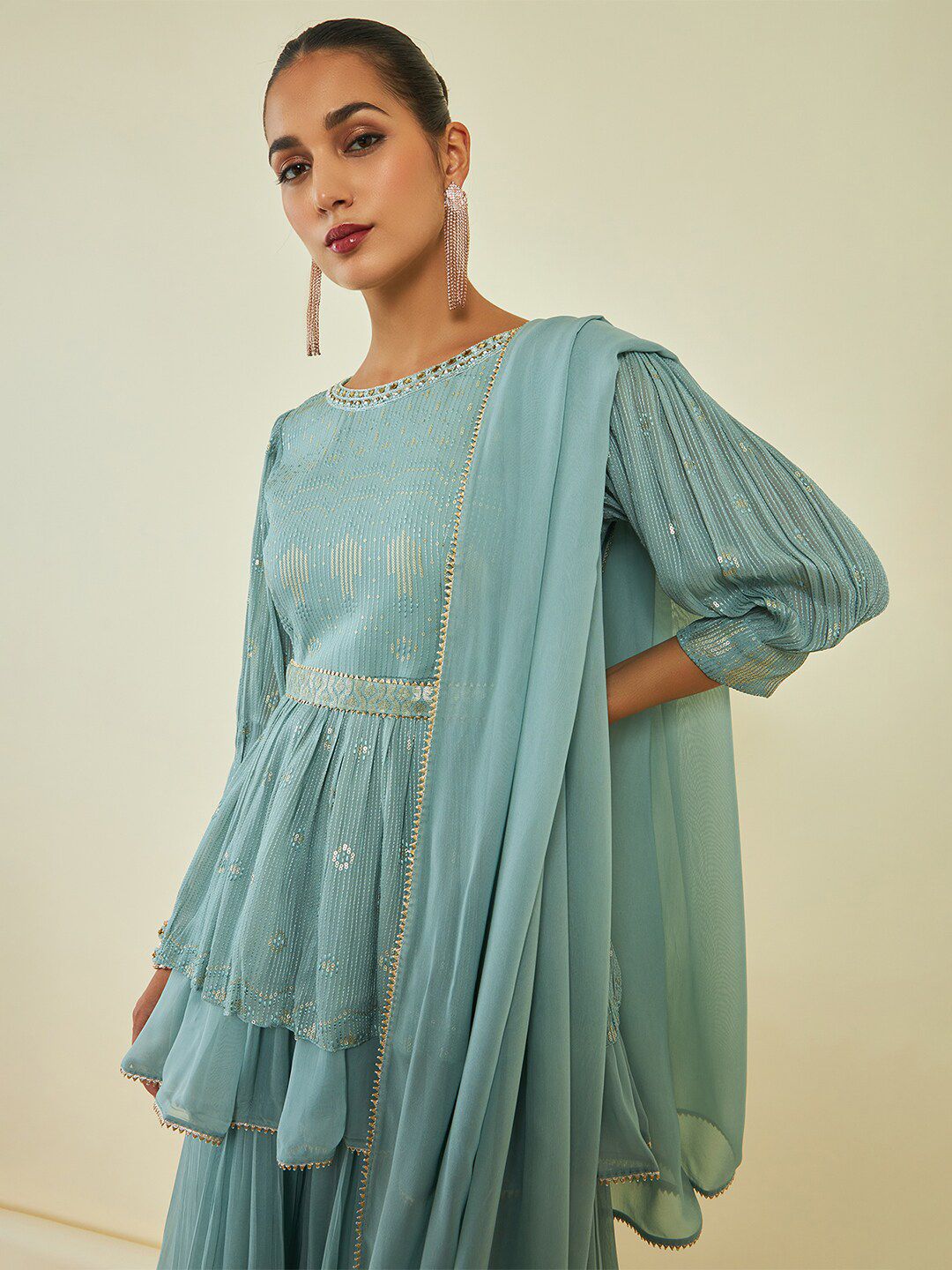 Dhiyona SO Women's Blue Embroidered Puff Sleeve Layered Sequinned Kurti & Palazzos With Dupatta