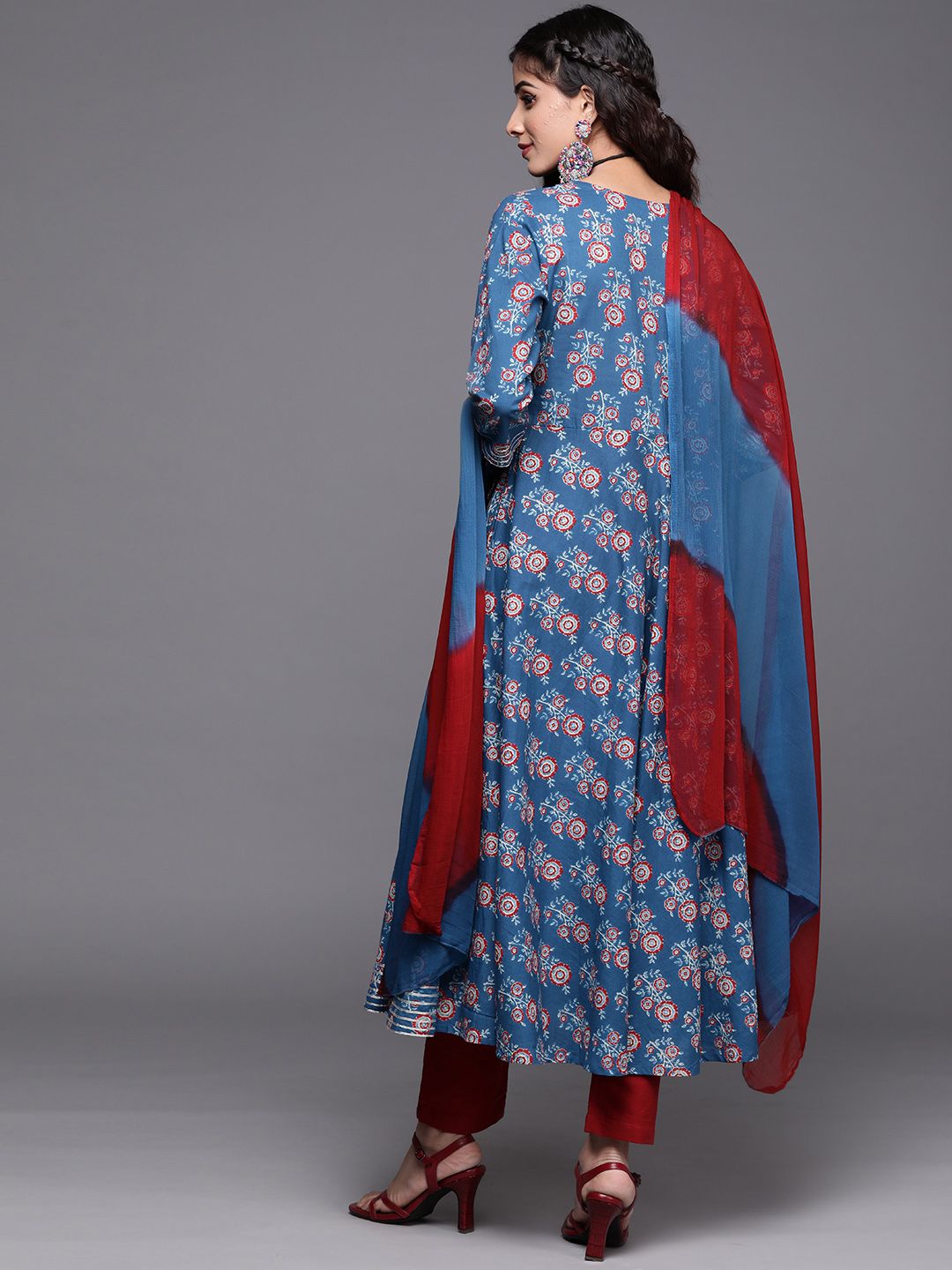 Dhiyona VA Women's Blue Ethnic Motifs Printed Angrakha Gotta Patti Kurta with Trousers & With Dupatta