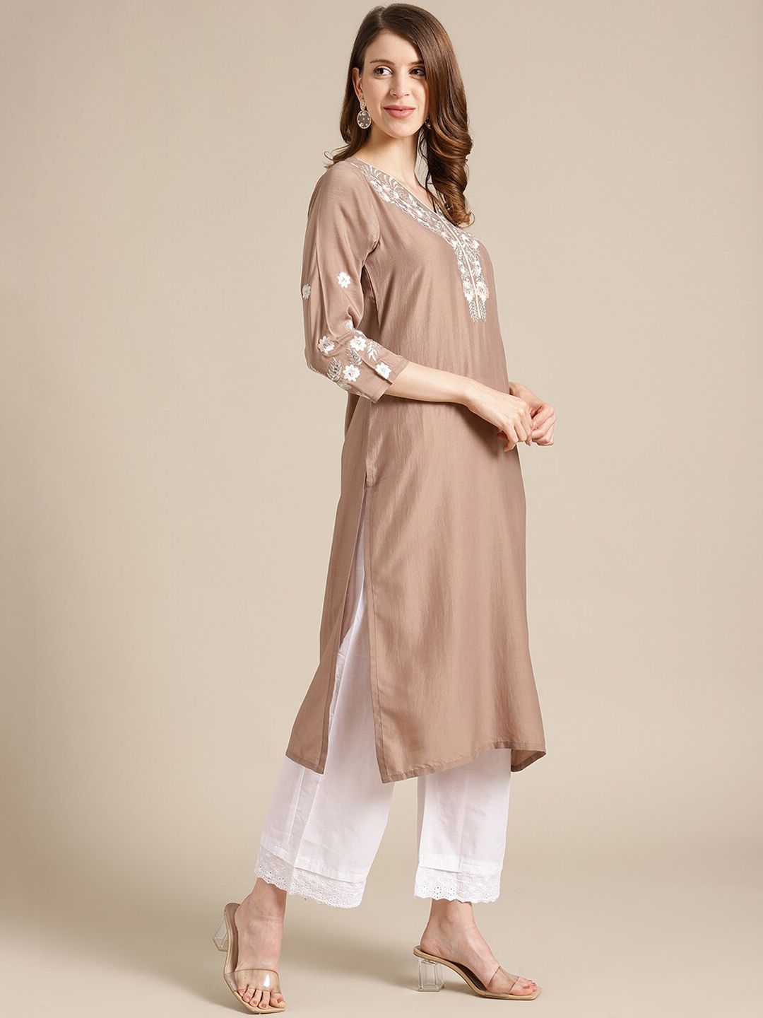Dhiyona VA Women's Beige Floral Embroidered Kurta with Trousers & With Dupatta
