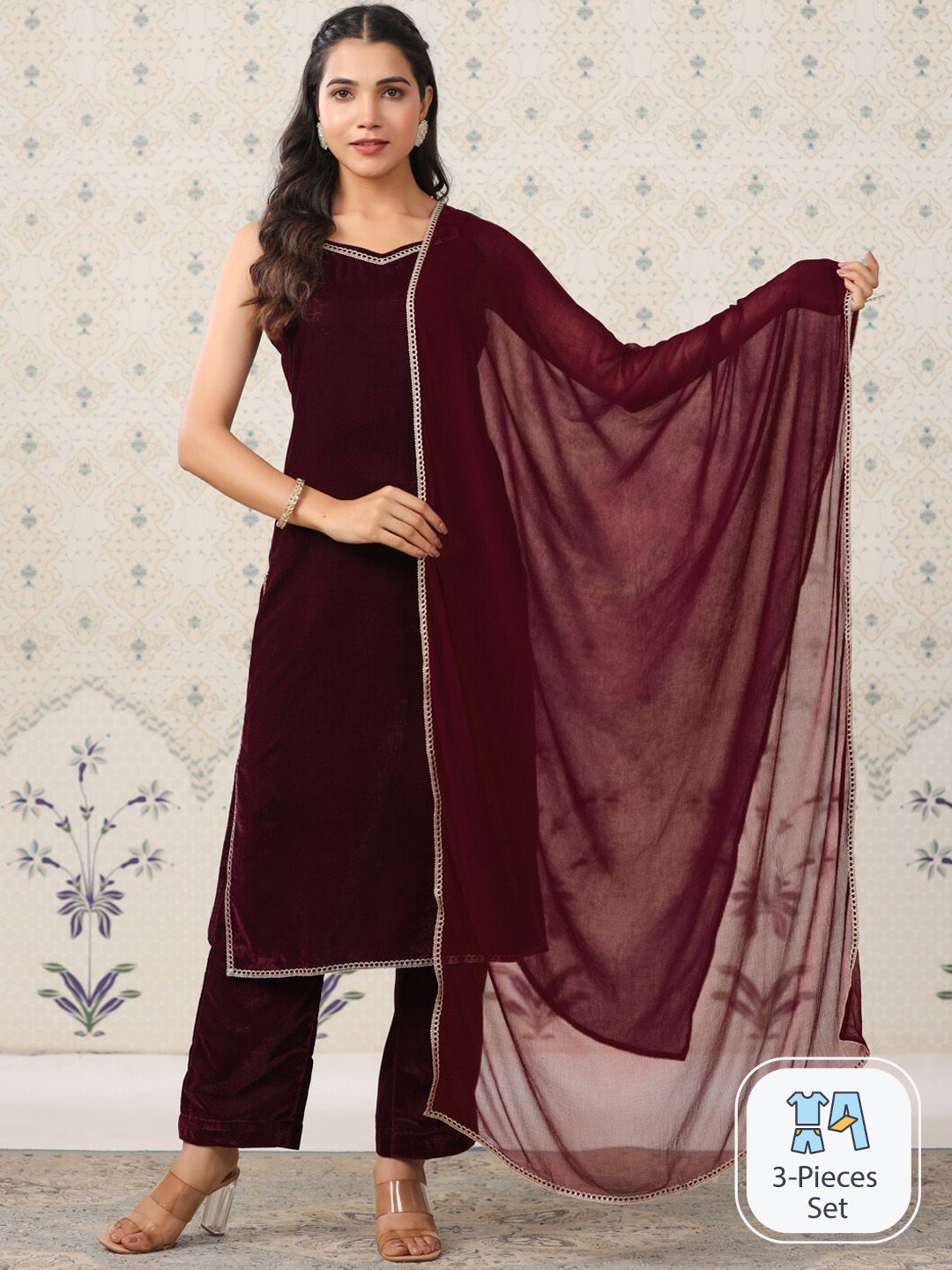 Dhiyona OD Velvet Straight Kurta & Trousers With Dupatta