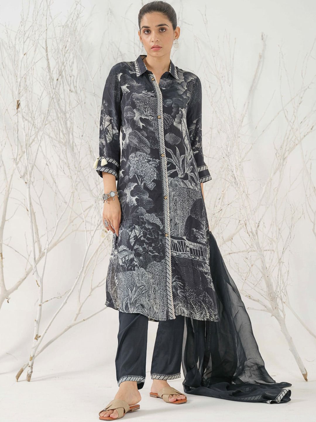 Dhiyona IS Women's Floral Printed Shirt Collar Straight Kurta with Trousers & Dupatta