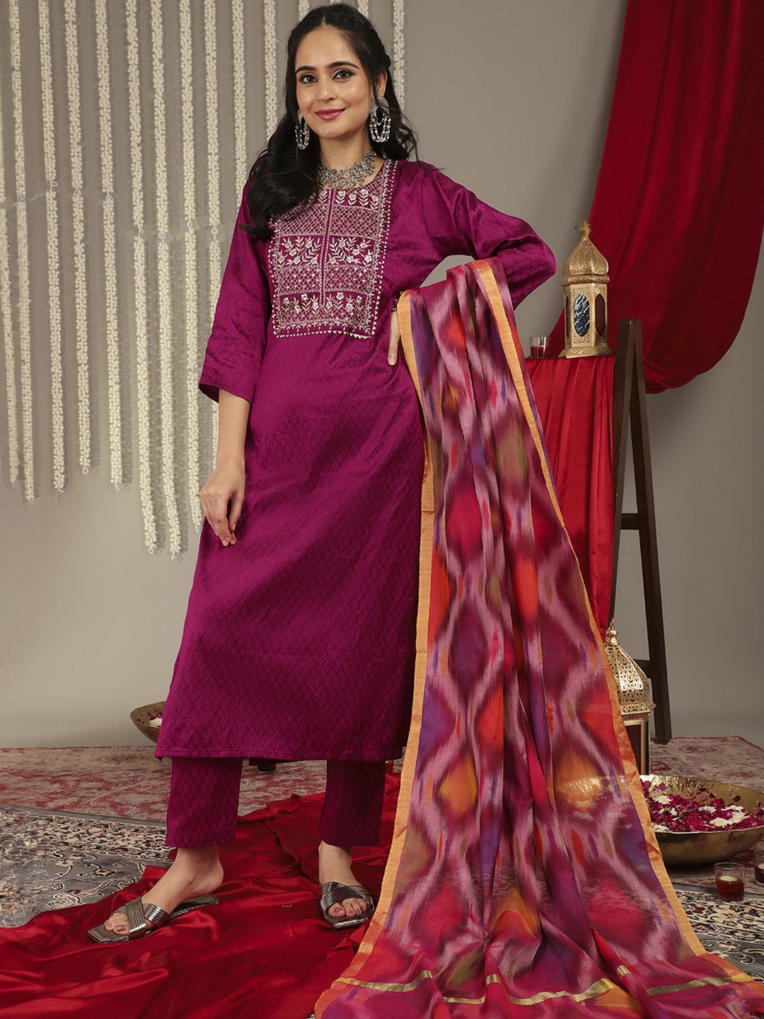 Dhiyona VA Women's Magenta Ethnic Motifs Yoke Design Kurta with Trousers & With Dupatta