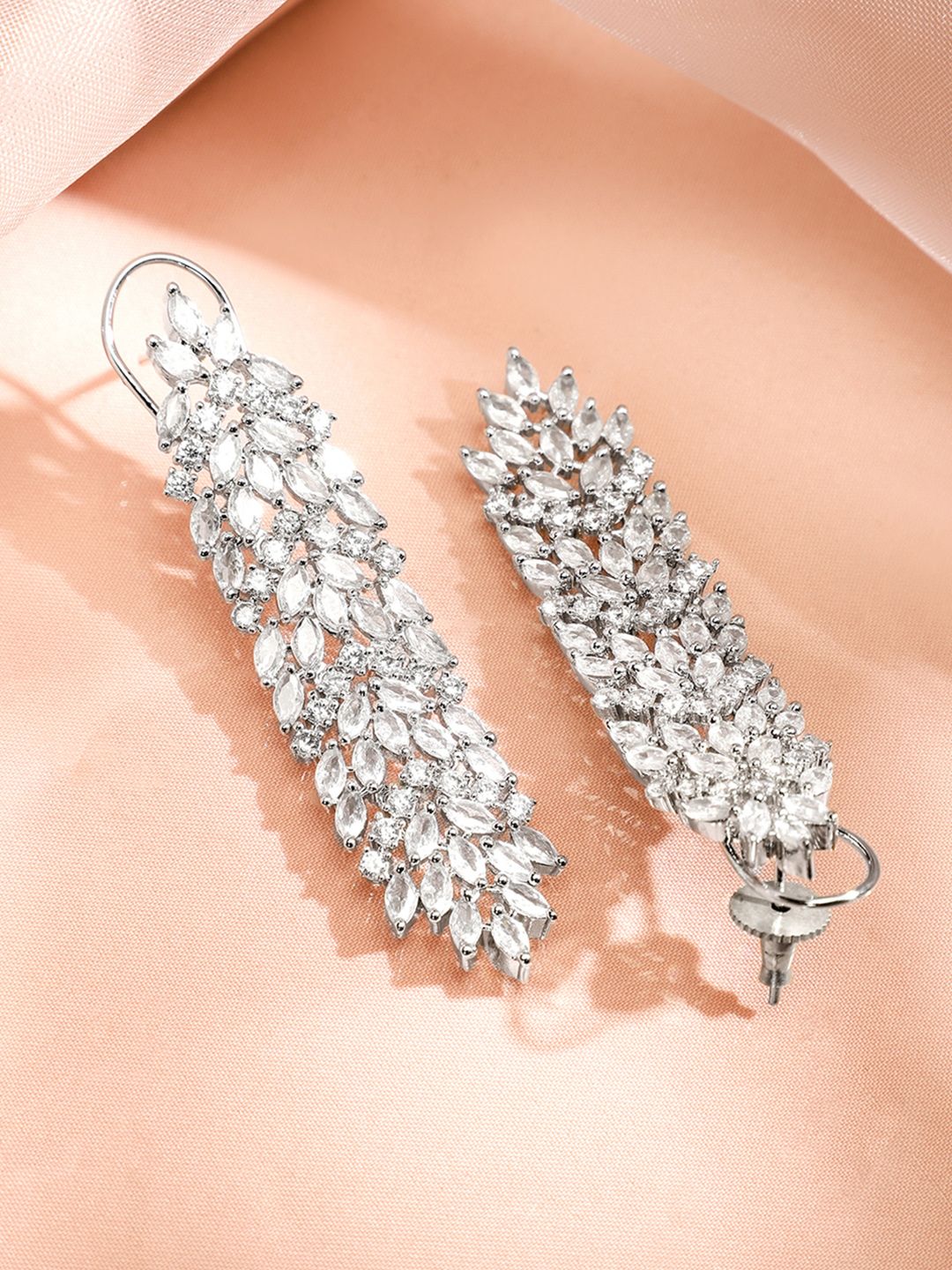 Dhiyona RJ Women's Silver-Plated AAA Cubic Zirconia Studded Premium Long Drop Earrings