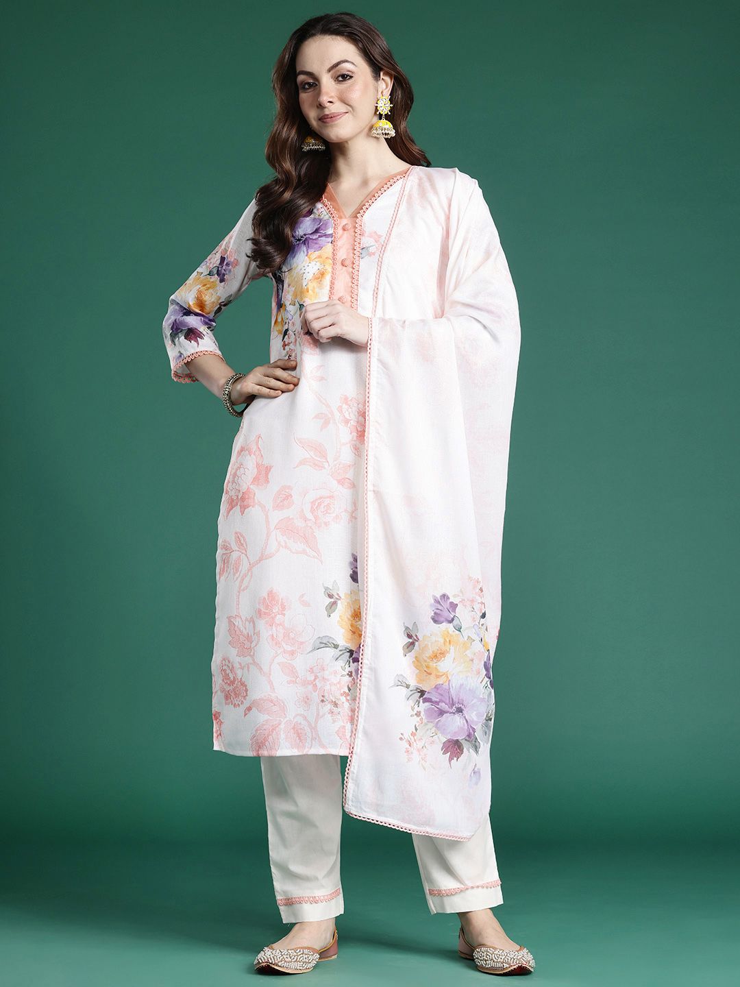 Dhiyona IE Floral Printed Beads and Stones Linen Kurta with Trousers & With Dupatta