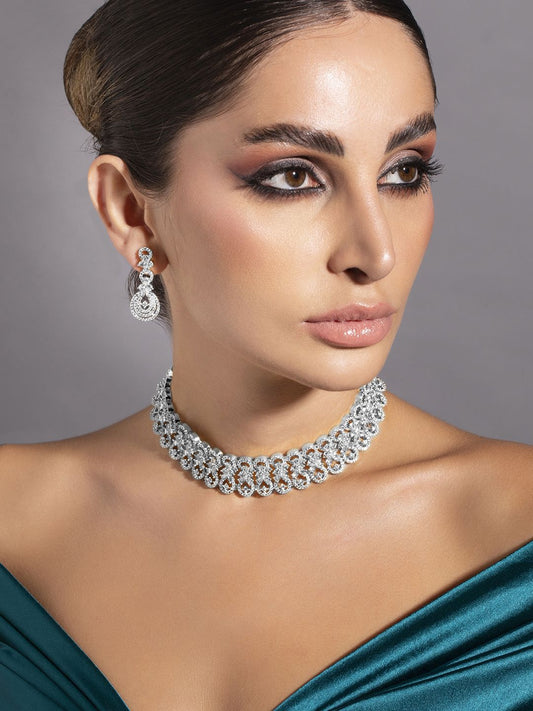 Dhiyona RJ Women's Rhodium-Plated Cubic Zirconia Studded Floral Design Choker Necklace Set