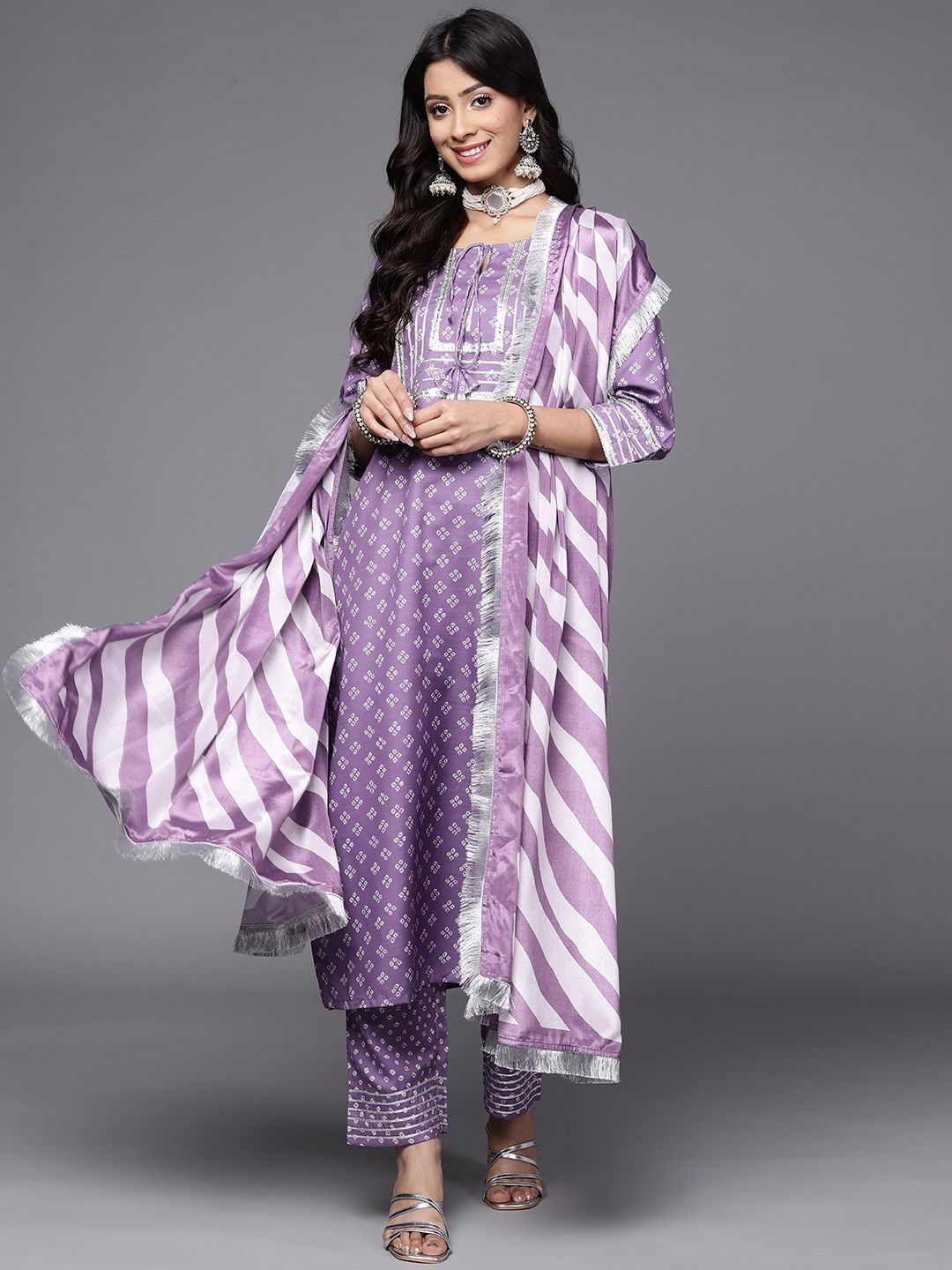 Dhiyona VA Women's Purple Bandhani Printed Kurta with Trousers & With Dupatta
