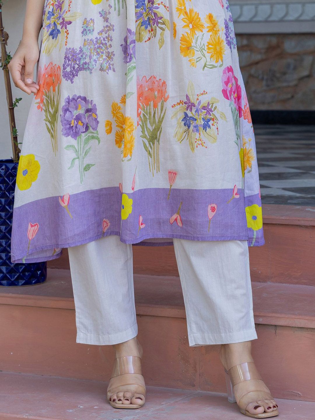 Floral Printed A-Line Pure Cotton Kurta With Trousers