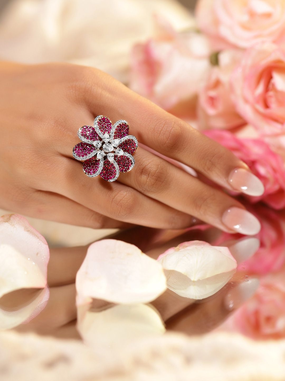 Dhiyona RJ Women's Rhodium Plated Cubic Zirconia-Studded Floral Adjustable Finger Ring