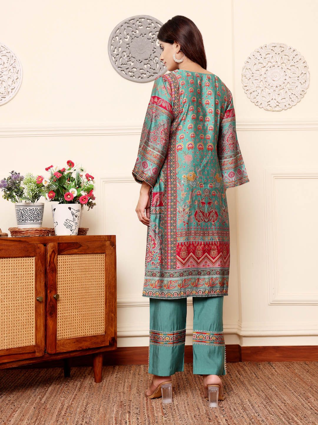 Dhiyona VA Women'sEthnic Motifs Printed Chanderi Silk Tunic With Trousers