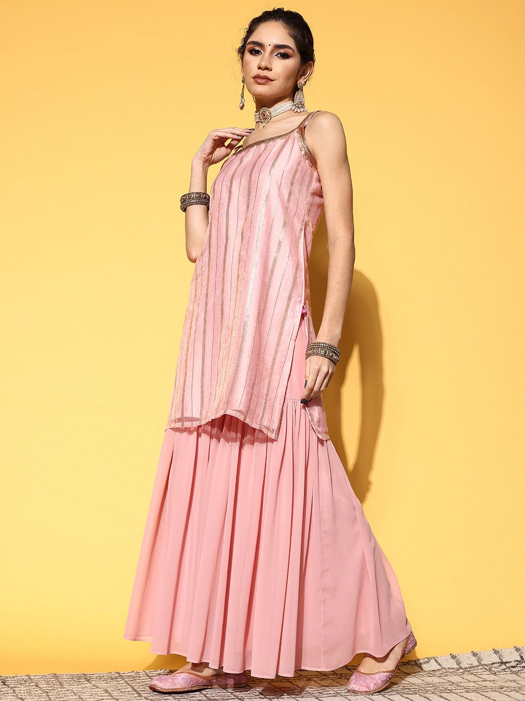 Dhiyona VA Women's Peach-Coloured Striped Kurta with Sharara & Dupatta
