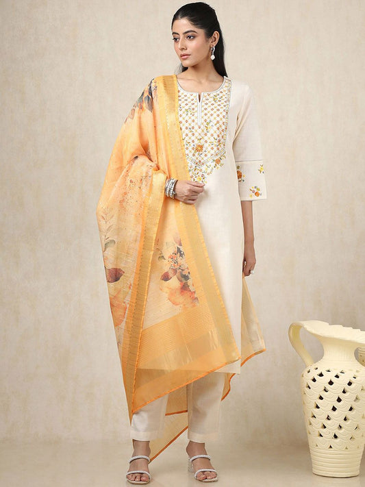 Dhiyona SO Women's Floral Embroidered Thread Work Round Neck Straight Kurta With Trousers & Dupatta