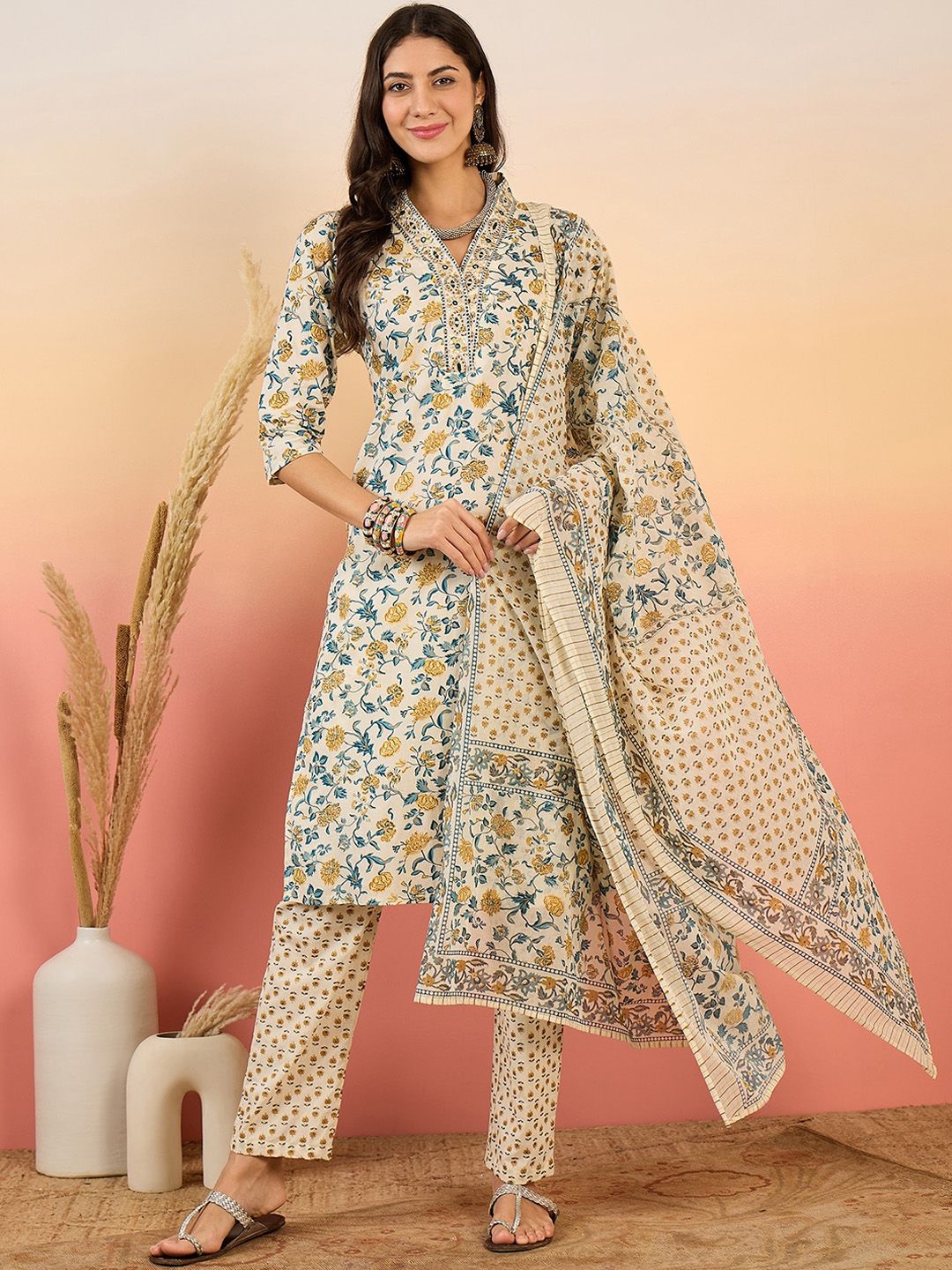 Dhiyona SN Women's Floral Printed Pure Cotton V Neck Kurta With Trousers & Dupatta