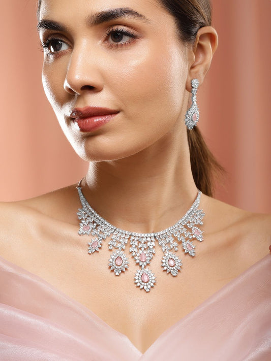 Dhiyona RJ Women's Dhiyona RJ Women'sSilver Plated Pink Gemstone & AAA Cubic Zirconia Studded Floral Design Jewellery Set