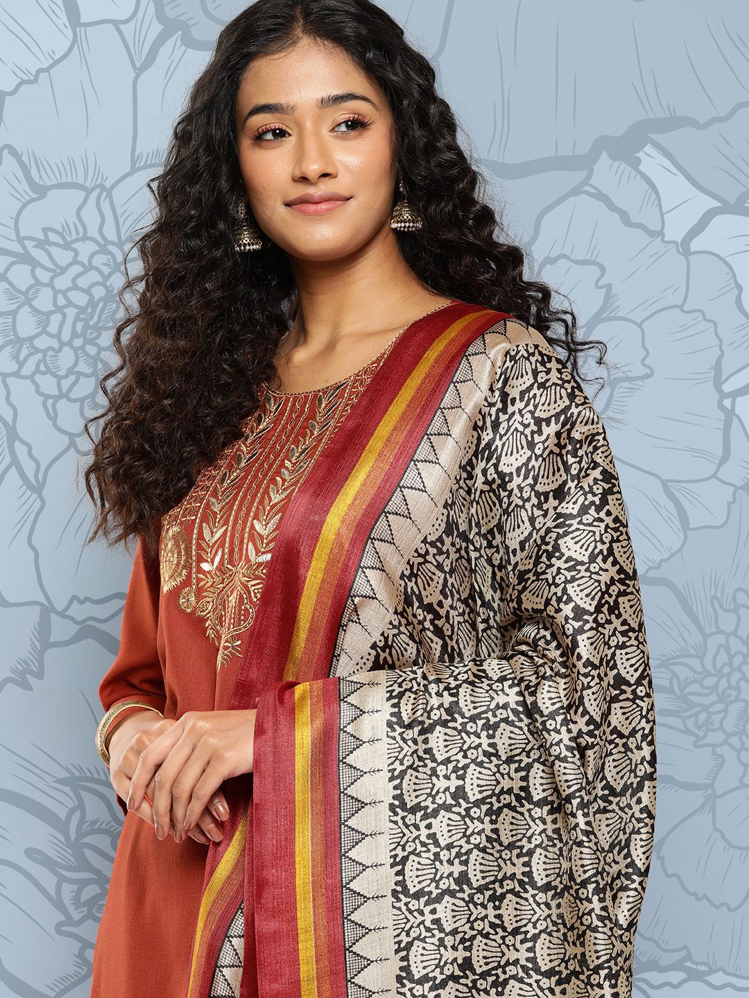 Dhiyona VA Women's Floral Yoke Design Regular Gotta Patti Kurta with Trousers & With Dupatta