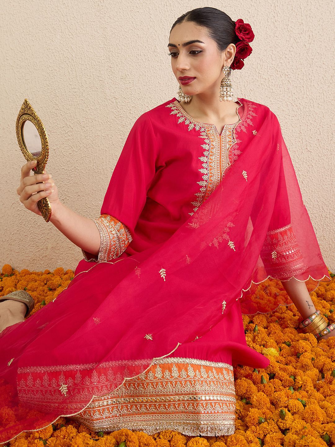 Ethnic Motifs Embroidered Notch Neck Straight Kurta With Trousers & Dupatta