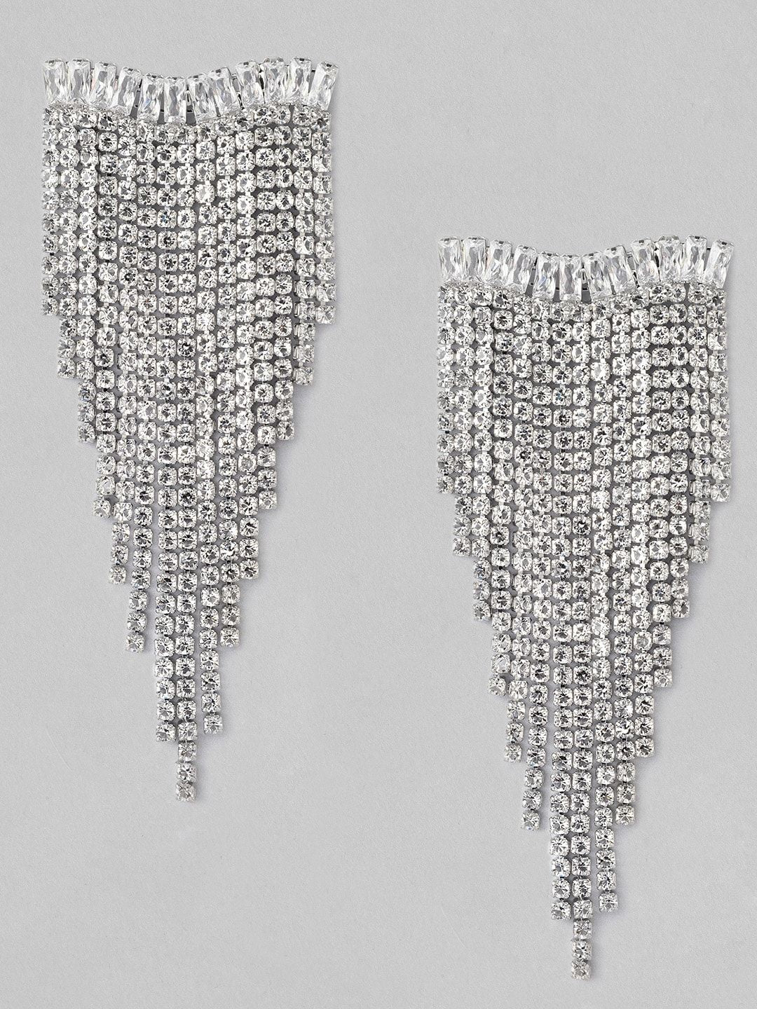 Dhiyona RJ Women's Silver Plated Crystal & AD Studded Shoulder Duster Glamorous Earrings