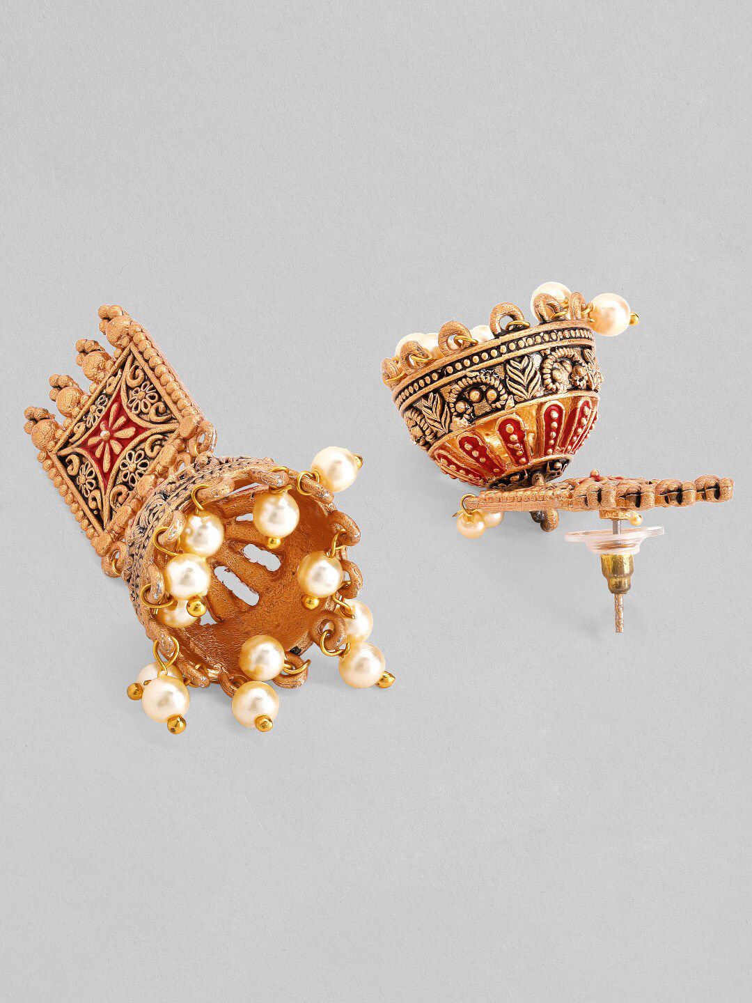 Dhiyona RJ Women's 22K Gold-Plated Red Enamel Handcrafted Dome Shape Jhumkas with Pearl Drops