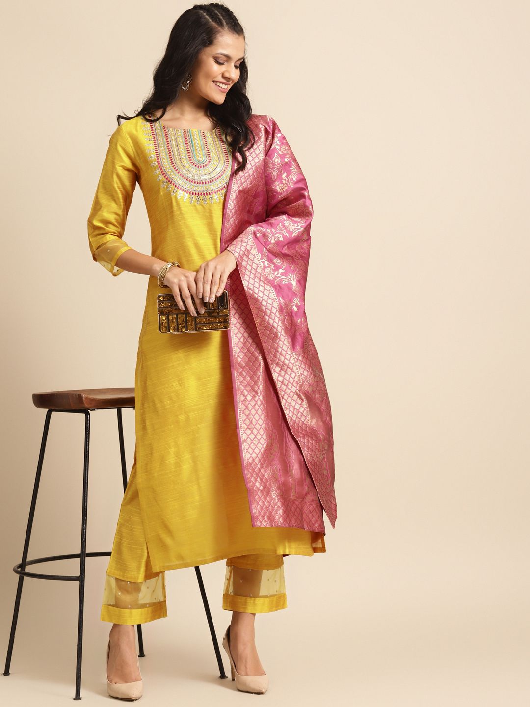 Dhiyona VA Women's Mustard Yellow & Pink Embroidered Kurta with Trousers & Dupatta