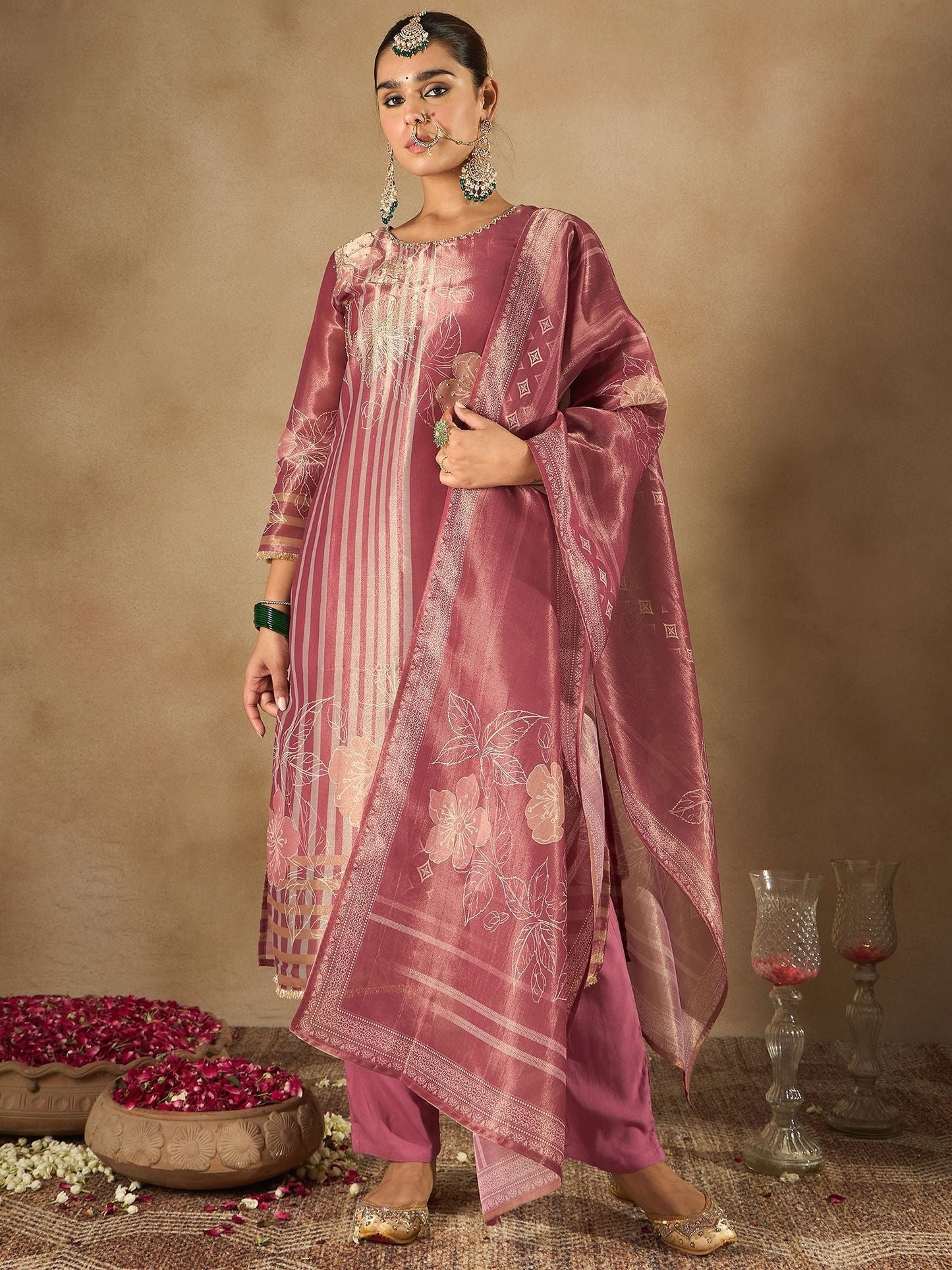 Dhiyona IE Floral Printed Sequinned Straight Kurta With Trousers And Dupatta