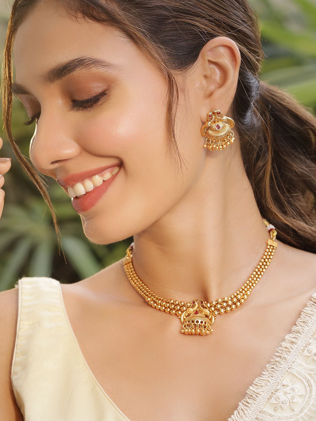 Dhiyona RJ Women's 22K Gold-Plated Red Stone with Gold Beaded Peacock Design Traditional Necklace Set