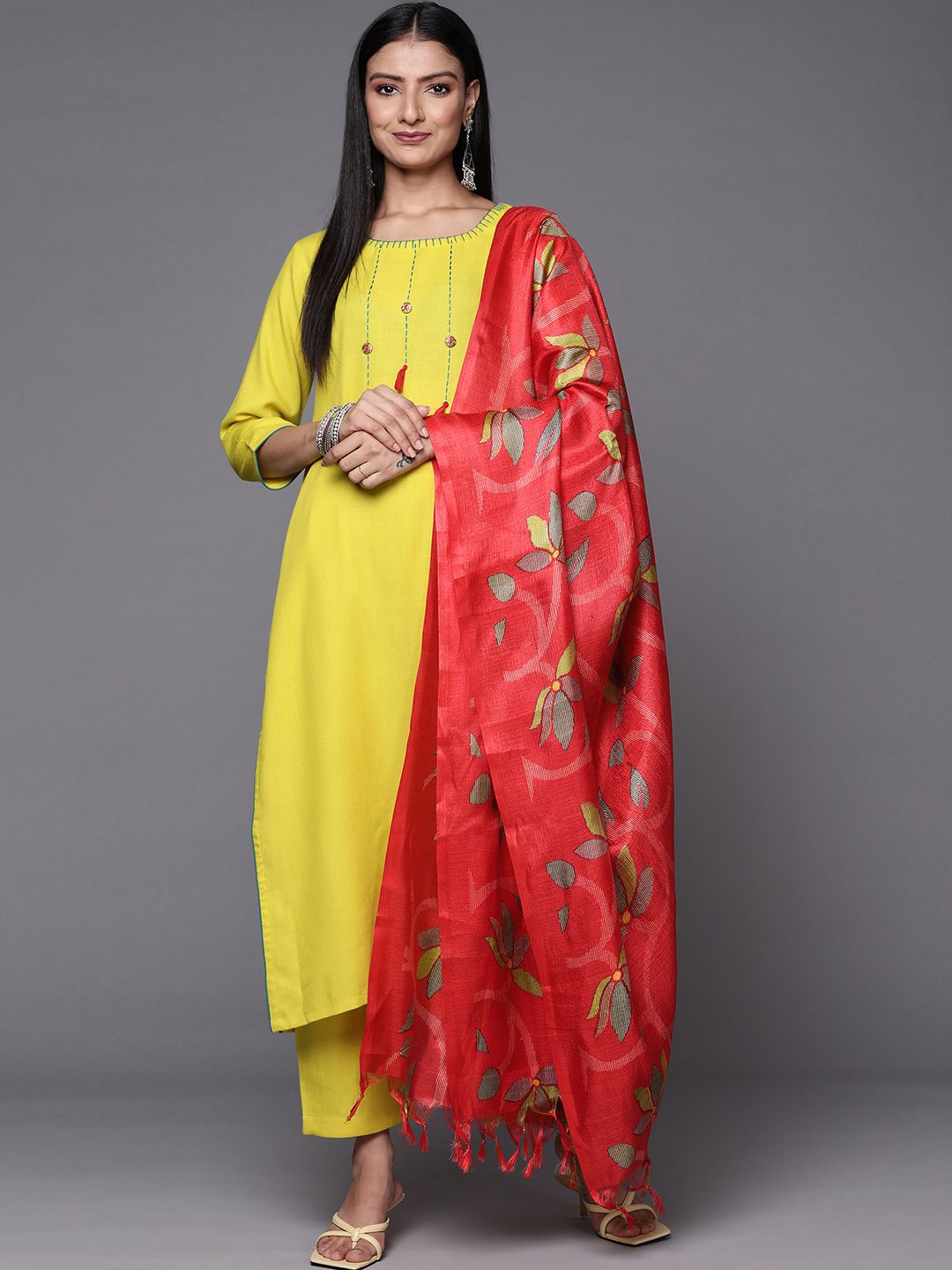 Dhiyona VA Women's Lime Green Yoke Design Thread Work Kurta with Trousers & Dupatta