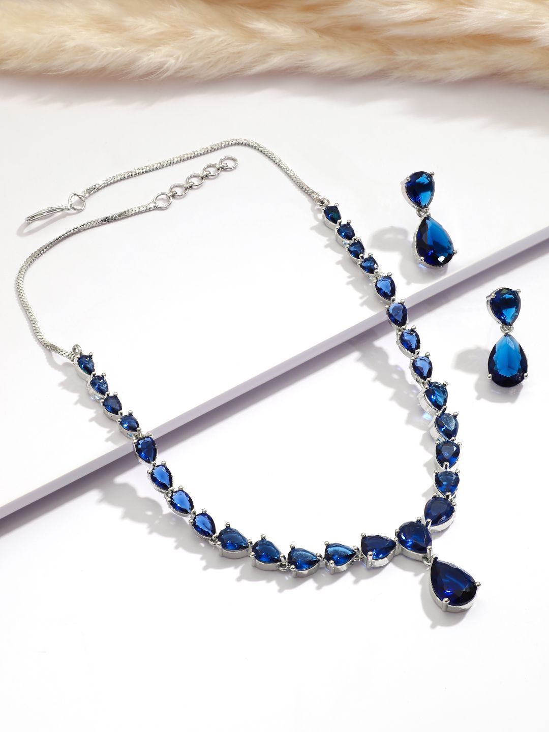 Dhiyona RJ Women's Rhodium Plated Blue Sapphire & Cubic Zirconia Studded Jewellery Set