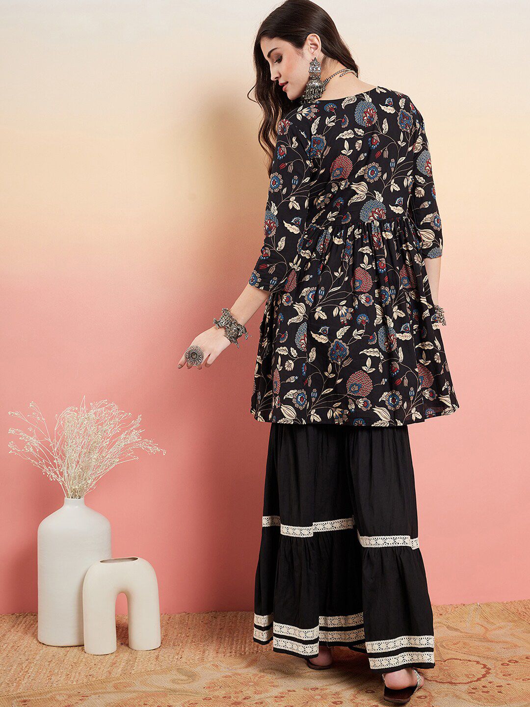 Dhiyona SN Women's Floral Printed Pure Cotton Anarkali Kurti With Sharara