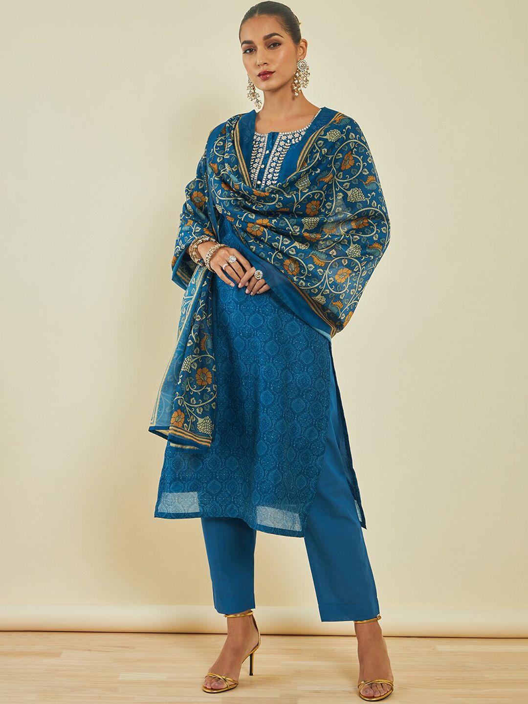 Dhiyona SO Women's Ethnic Motifs Printed Gotta Patti Chanderi Silk Kurta with Trousers & With Dupatta
