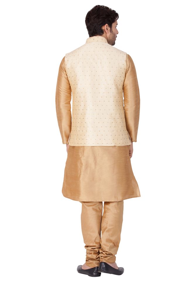 Men's Gold Silk Blend Straight Jacket Kurta and Pyjama Set