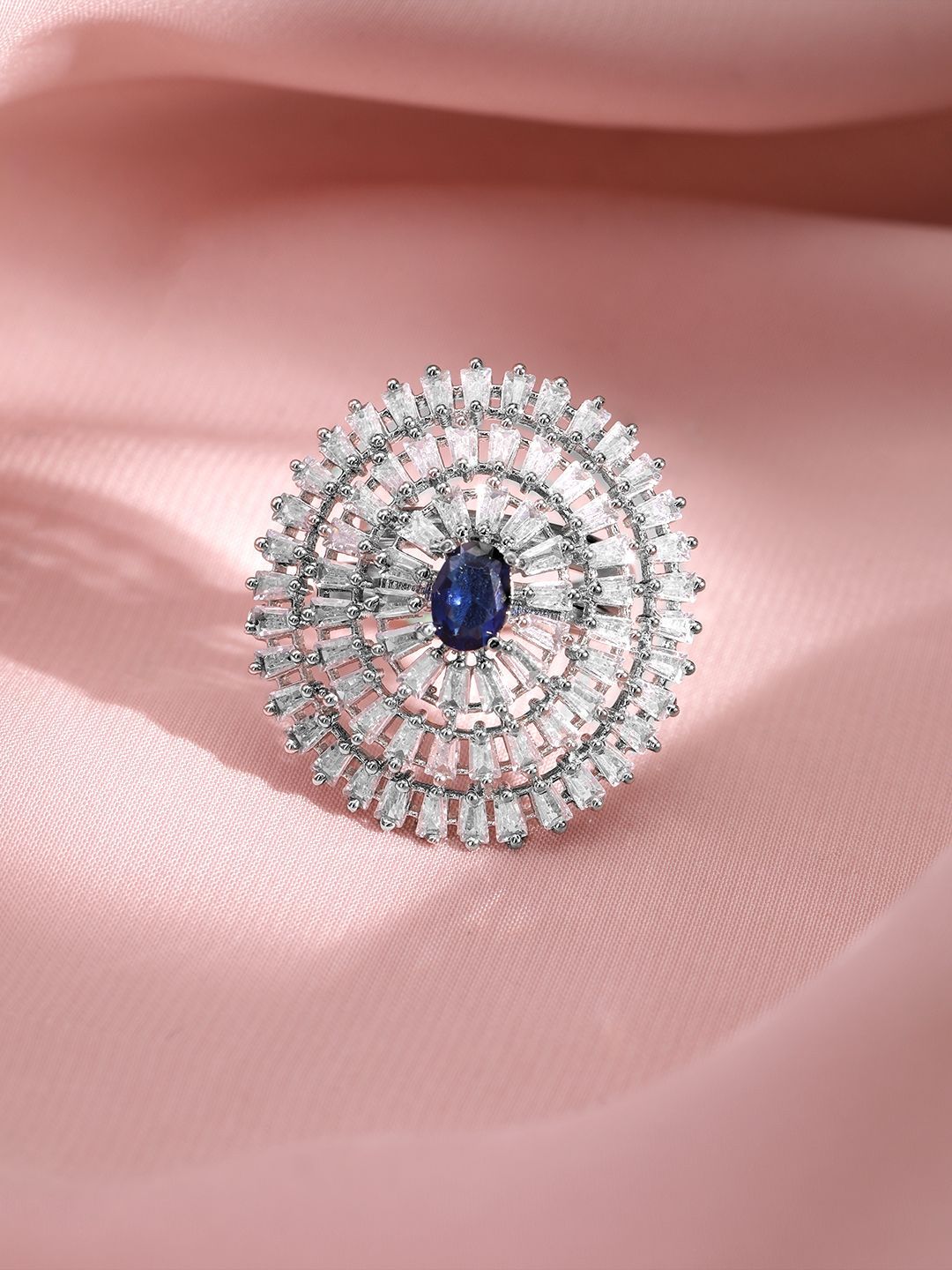 Dhiyona RJ Women's Rhodium-Plated Blue Sapphire & Zirconia Studded Adjustable Finger Ring