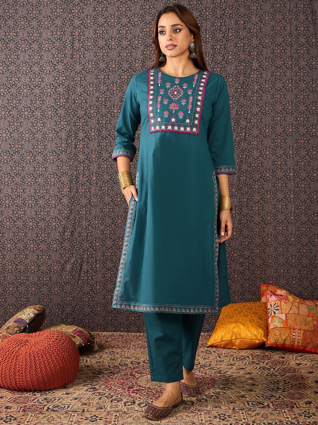 Floral Embroidered Thread Work Pure Cotton Straight Kurta With Trouser & Dupatta